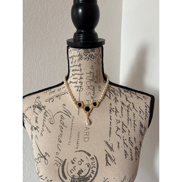 B9 Napier Vintage Necklace Faux Pearl Black Cabochon Art Deco Revival Statement - Picture 6 of 10